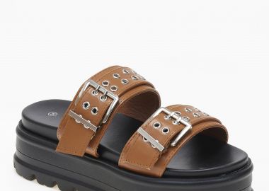 Σανδάλια flatform δίσολα με αγκράφες και τρουκς - Κάμελ - Issue - 