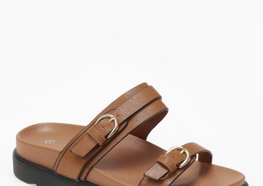 Σανδάλια flatform με δυο φάσες και αγκράφες - Κάμελ - Issue - 