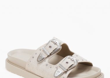 Σανδάλια flatform με suede υφή και αγκράφες - Μπεζ - Issue - 