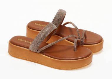 Σανδάλια flatform με toe-ring και glitter - Κάμελ - Issue - 