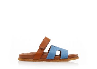 Σανδάλια κάμελ δερματίνη με μπλε τζιν φάσα και σκρατς ΤΖΙΝ - Tsoukalas - 