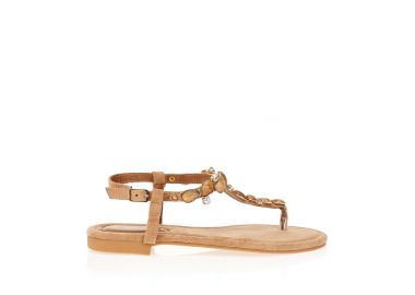 Σανδάλια κάμελ σουέτ με διακοσμητικές πέτρες και στρας ΚΑΜΕΛ - Tsoukalas - 