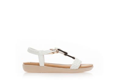 Σανδάλια λευκά δερματίνη με φάσα από σχέδιο πλεξούδα με πολλαπλά λουράκια και κοκκάλινα διακοσμητικά ΛΕΥΚΟ - Tsoukalas - 