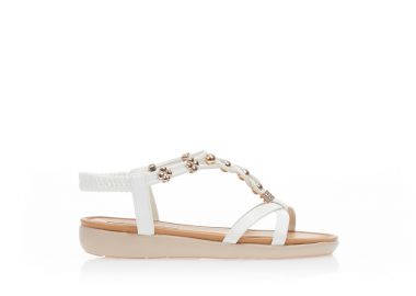 Σανδάλια λευκά δερματίνη με ιδιαίτερο σχέδιο στην φάσα από πολλαπλά λουράκια και χρυσά διακοσμητικά ΛΕΥΚΟ - Tsoukalas - 
