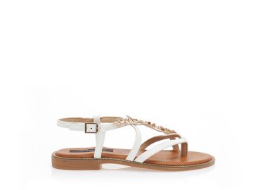 Σανδάλια λευκά δερματίνη με πολλαπλά λουράκια και διακοσμητική χρυσή αγκράφα ΛΕΥΚΟ - Tsoukalas - 