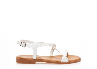 Σανδάλια λευκά δερματίνη με πολλαπλά λουράκια σε σχέδιο πλεξούδα ΛΕΥΚΟ - Tsoukalas - 