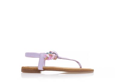 Σανδάλια λιλά δερματίνη με λουράκι από υφασμάτινο πολύχρωμο σχέδιο πλεξούδας με πέρλες και στρας ΛΙΛΑ - Tsoukalas - 