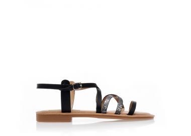 Σανδάλια μαύρα δερματίνη με χιαστί animal print λουράκια ΜΑΥΡΟ - Tsoukalas - 