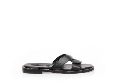 Σανδάλια μαύρα δερματίνη με χιαστί φάσα και χρυσές λεπτομέρειες περιμετρικά στην σόλα ΜΑΥΡΟ - Tsoukalas - 