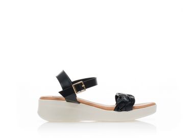 Σανδάλια μαύρα δερματίνη με φάσα από σχέδιο πλεξούδα και λουράκι στον αστράγαλο ΜΑΥΡΟ - Tsoukalas - 