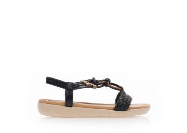 Σανδάλια μαύρα δερματίνη με φάσα από σχέδιο πλεξούδα με πολλαπλά λουράκια και κοκκάλινα διακοσμητικά ΜΑΥΡΟ - Tsoukalas - 