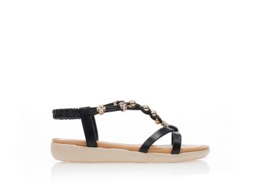 Σανδάλια μαύρα δερματίνη με ιδιαίτερο σχέδιο στην φάσα από πολλαπλά λουράκια και χρυσά διακοσμητικά ΜΑΥΡΟ - Tsoukalas - 