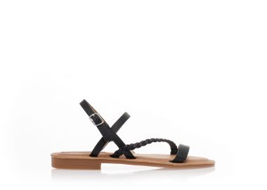 Σανδάλια μαύρα δερματίνη με λοξό λουράκι από σχέδιο πλεξούδα ΜΑΥΡΟ - Tsoukalas - 