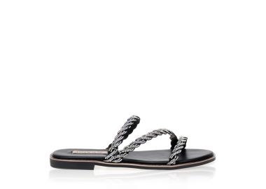 Σανδάλια μαύρα δερματίνη με πέρλες και ιριδίζον στρας ΜΑΥΡΟ - Tsoukalas - 