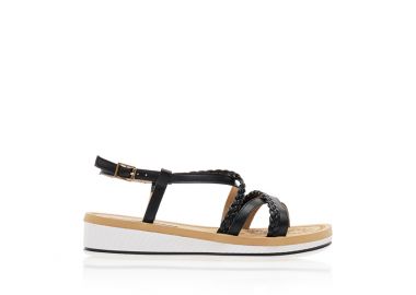 Σανδάλια μαύρα δερματίνη με πολλαπλά χιαστί λουράκια σε σχέδιο πλεξούδα ΜΑΥΡΟ - Tsoukalas - 