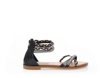 Σανδάλια μαύρα δερματίνη με πολλαπλά λουράκια από σχέδιο πλεξούδα και στρας ΜΑΥΡΟ - Tsoukalas - 