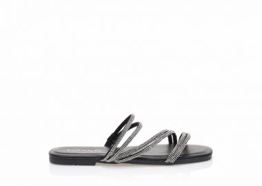 Σανδάλια μαύρα δερματίνη με πολλαπλά λουράκια από στρας ΜΑΥΡΟ - Tsoukalas - 