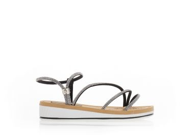 Σανδάλια μαύρα δερματίνη με πολλαπλά λουράκια από στρας ΜΑΥΡΟ - Tsoukalas - 