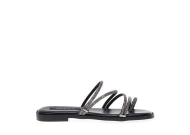 Σανδάλια μαύρα δερματίνη με πολλαπλά λουράκια και σχέδιο δαχτυλίδι από στρας ΜΑΥΡΟ - Tsoukalas - 