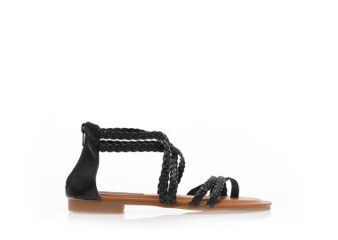 Σανδάλια μαύρα δερματίνη με πολλαπλά λουράκια πλεξούδα και σχέδιο δαχτυλίδι ΜΑΥΡΟ - Tsoukalas - 