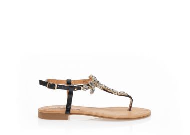 Σανδάλια μαύρα δερματίνη με σχέδιο από στρας και ρυθμιζόμενο λουράκι στον αστράγαλο ΜΑΥΡΟ - Tsoukalas - 