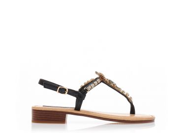 Σανδάλια μαύρα δερματίνη με στρας και λουράκι στον αστράγαλο ΜΑΥΡΟ - Tsoukalas - 