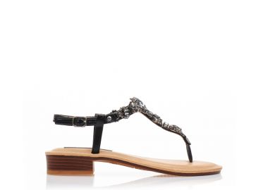 Σανδάλια μαύρα δερματίνη με στρας και λουράκι στον αστράγαλο ΜΑΥΡΟ - Tsoukalas - 