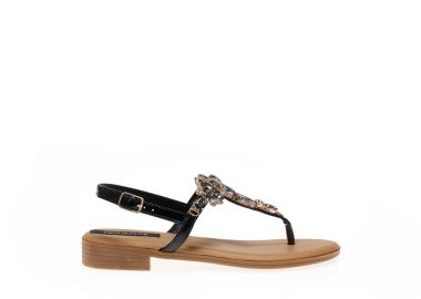 Σανδάλια μαύρα δερματίνη με στρας και ρυθμιζόμενο λουράκι στον αστράγαλο ΜΑΥΡΟ - Tsoukalas - 