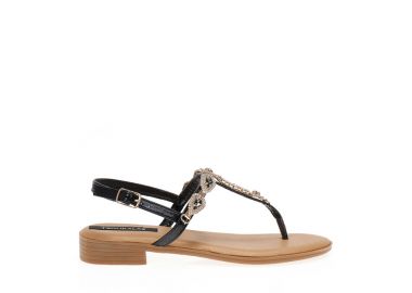 Σανδάλια μαύρα δερματίνη με στρας και ρυθμιζόμενο λουράκι στον αστράγαλο ΜΑΥΡΟ - Tsoukalas - 