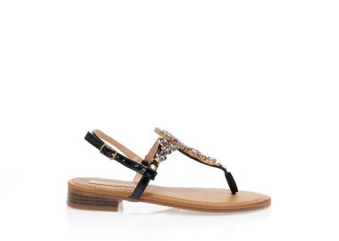 Σανδάλια μαύρα δερματίνη με στρας και ρυθμιζόμενο λουράκι στον αστράγαλο ΜΑΥΡΟ - Tsoukalas - 