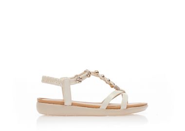 Σανδάλια μπεζ δερματίνη με ιδιαίτερο σχέδιο στην φάσα από πολλαπλά λουράκια και χρυσά διακοσμητικά ΜΠΕΖ - Tsoukalas - 