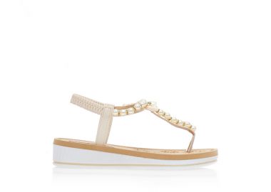 Σανδάλια μπεζ δερματίνη με πέρλες και στρας ΜΠΕΖ - Tsoukalas - 