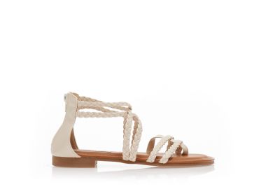 Σανδάλια μπεζ δερματίνη με πολλαπλά λουράκια πλεξούδα και σχέδιο δαχτυλίδι ΜΠΕΖ - Tsoukalas - 