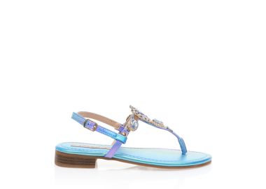 Σανδάλια μπλε ιριδίζον δερματίνη με στρας και ρυθμιζόμενο λουράκι στον αστράγαλο ΜΠΛΕ - Tsoukalas - 