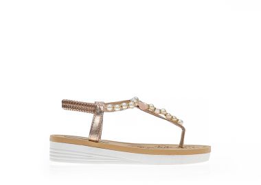 Σανδάλια μπρονζέ δερματίνη με πέρλες και στρας και λουράκι στον αστράγαλο ΜΠΡΟΝΖΕ - Tsoukalas - 