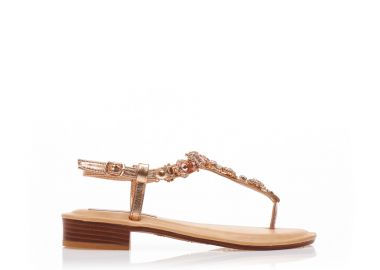 Σανδάλια μπρονζέ δερματίνη με στρας και λουράκι στον αστράγαλο ΜΠΡΟΝΖΕ - Tsoukalas - 