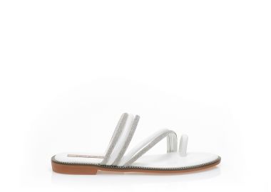 Σανδάλια TSOUKALAS λευκά με πολλαπλά λουράκια από δερματίνη και στρας και σχέδιο δαχτυλίδι ΛΕΥΚΟ - Tsoukalas - 