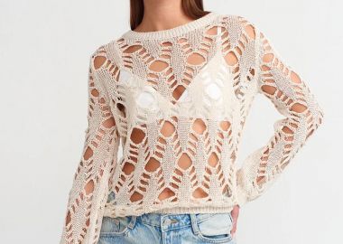 SARON γυναίκεια πλεκτή τρυπητή μπλούζα (εκρού) - SOU - 