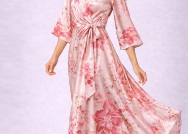 σατέν maxi floral φόρεμα Ariele ροζ - PerfectDress.gr - 