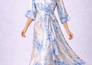 σατέν maxi floral φόρεμα Ariele σιέλ - PerfectDress.gr - 
