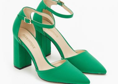 Σατέν μυτερές γόβες με χοντρό τακούνι και μπαρέτα - Πράσινο - Issue - 