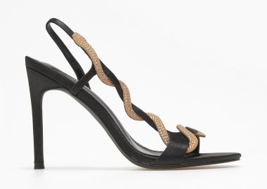 Σατέν πέδιλα με λουράκι με στρας - P-1329 - Μαύρο - The Fashion Project - 