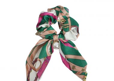Σατέν scrunchie με equestrian σχέδιο και πέρλα - MAT FASHION - 