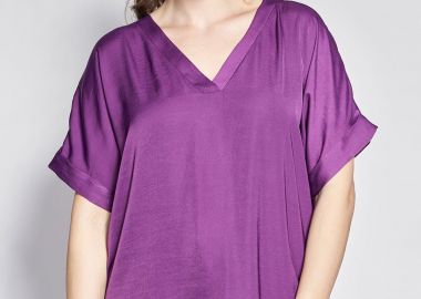 Σατινέ Κοντομάνικη Μπλούζα με V -  - 