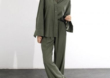 SELENA γυναικείο σετ πουκαμισά κ παντελονα με λάστιχο (χακί) - SOU - 