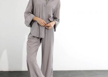 SELENA γυναικείο σετ πουκαμισά κ παντελονα με λάστιχο (γκρι) - SOU - 