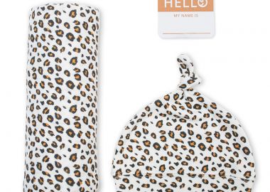 Σετ 2τμχ Μουσελίνα 120x120εκ. Με Σκουφάκι Βρεφικό & Αυτοκόλλητο Hello World Leopard Lulujo LJ646 - Lulujo - 