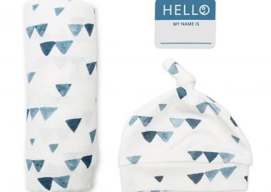 Σετ 2τμχ Μουσελίνα 120x120εκ. Με Σκουφάκι Βρεφικό & Αυτοκόλλητο Hello World Navy Triangles Lulujo LJ641 - Lulujo - 