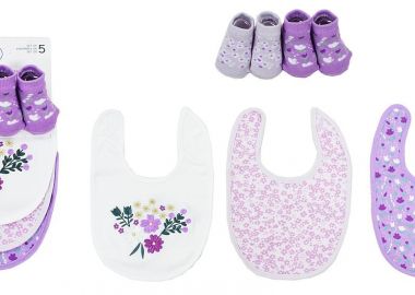 Σετ 5τμχ Σαλιάρες Interlock Και Καλτσάκια Polycotton Flowers 27 White-Lilac Dimcol - DimCol - 