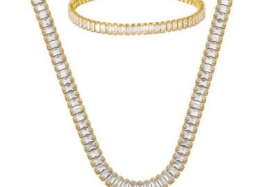 Σετ Κολιέ Ριβιέρα Choker Και Βραχιόλι Από Ανοξείδωτο Ατσάλι Επιχρυσωμένο 24Κ Με Ορθογώνια Ζιργκόν MI15228 - AMOR AMOR - 